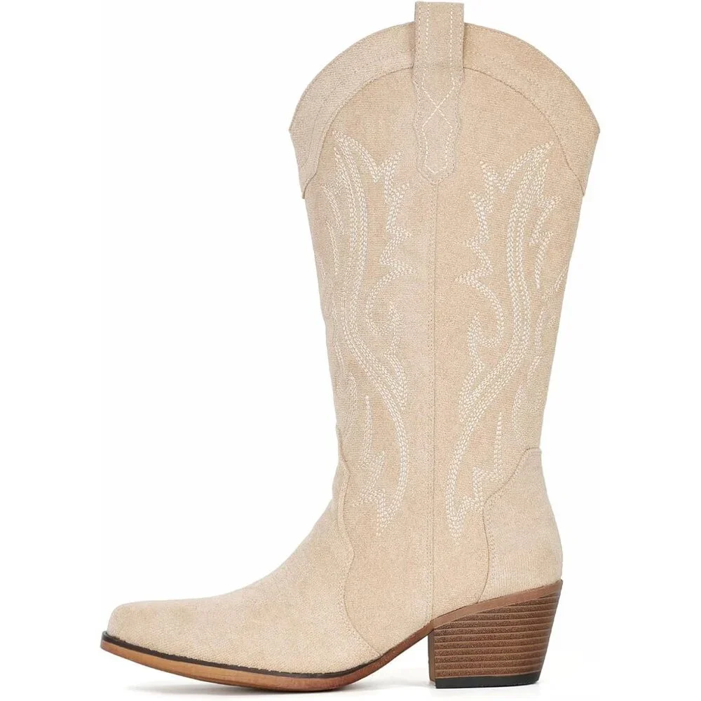 Women's Elegance Embroidery Cream Chunky Heel Mid Calf Snip Toe Western Boots - Picture 5 of 6